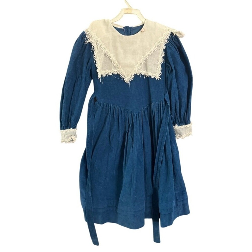 Sarah Kent Girls Blue Corduroy Lace Collar Dress Size 10 Vintage